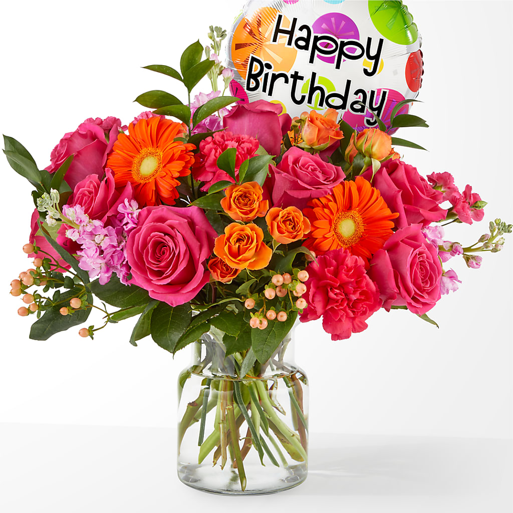 Fiesta Bouquet with Birthday Balloon – Dalias Flowers, Cornelius NC