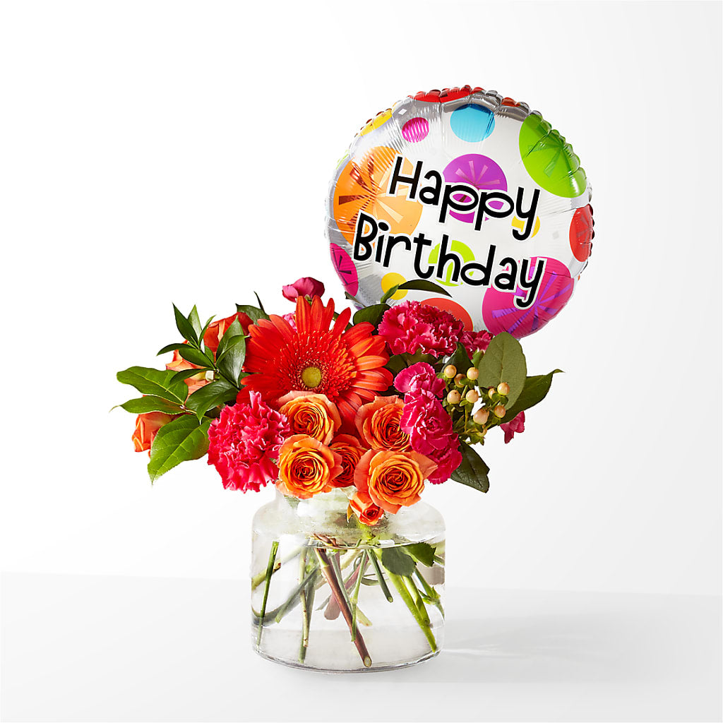 Fiesta Bouquet with Birthday Balloon – Dalias Flowers, Cornelius NC