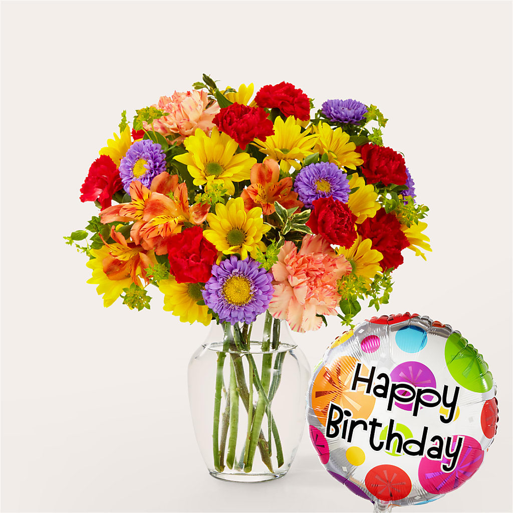 Kaleidoscope Bouquet with Birthday Balloon – Dalias Flowers, Cornelius NC