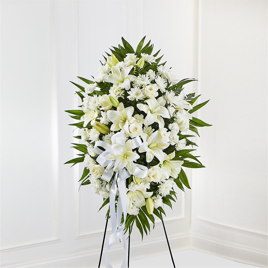 Exquisite Tribute Standing Spray-White Ribbon – Dalias Flowers, Cornelius NC