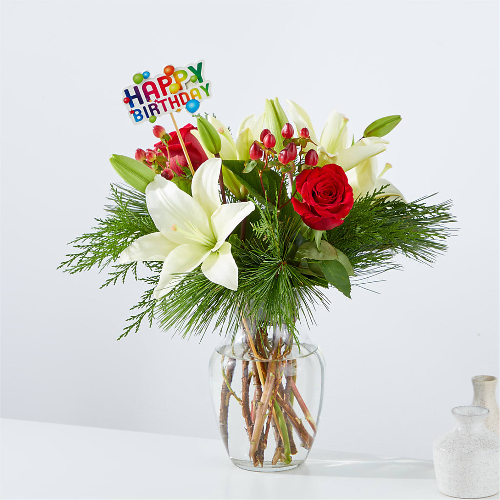 Evergreen Delight Bouquet & Happy Birthday Topper – Dalias Flowers, Cornelius NC