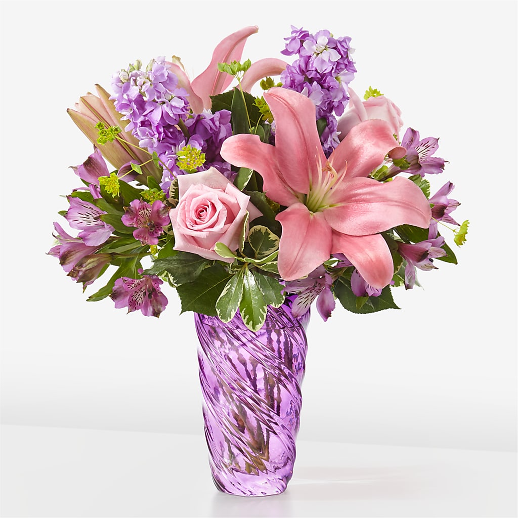 Precious Petals Bouquet with Luxe Swirl Vase – Dalias Flowers, Cornelius NC