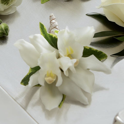 White Mini Cymbidium Boutonniere –  Dalias Flowers, Cornelius NC